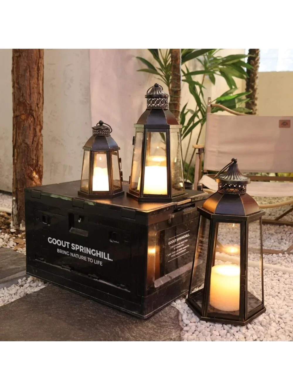 Set of 3 Vintage Lanterns - Metal Frame Candle Holders for Indoor & Outdoor
